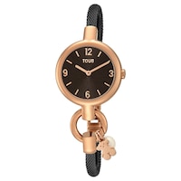 Reloj analógico Hold Charms de acero IP rosado con correa de acero IP negra