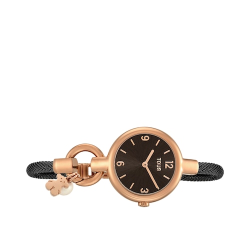Rose IP Steel Hold Charms Watch with black IP steel strap