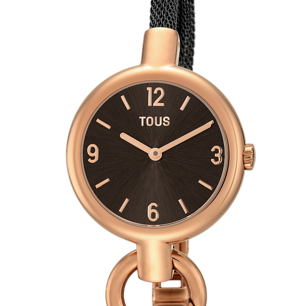 Reloj analógico Hold Charms de acero IP rosado con correa de acero IP negra image number 2
