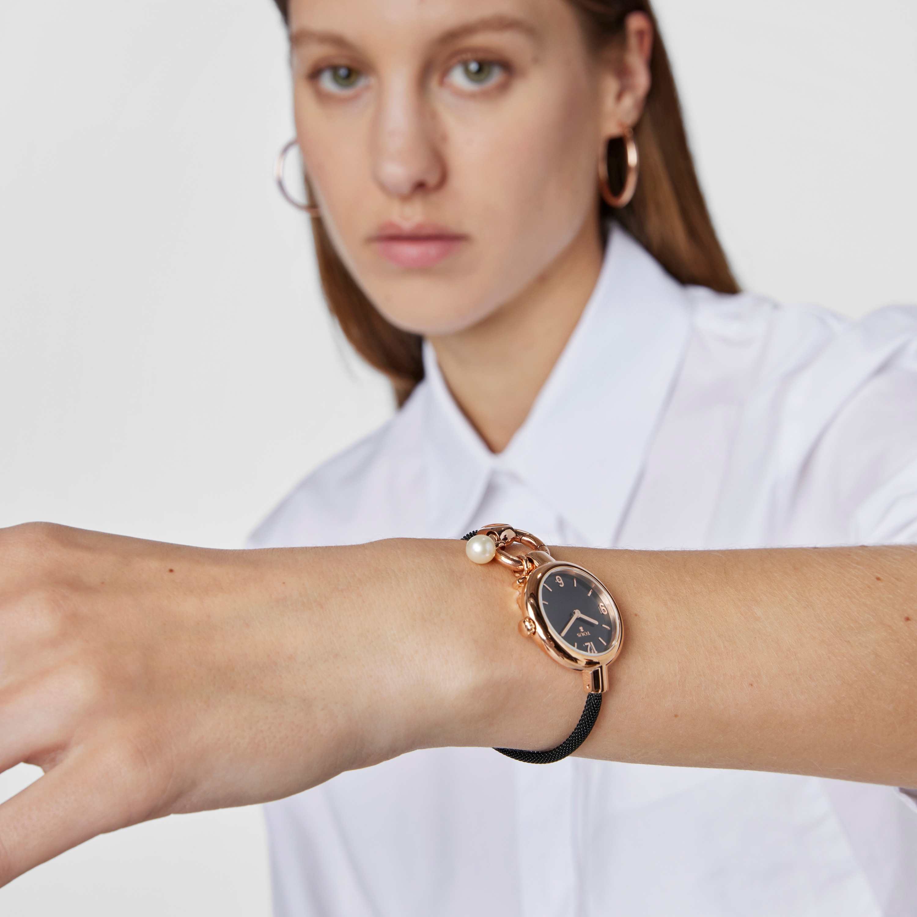 Rose IP Steel Hold Charms Watch with black IP steel strap