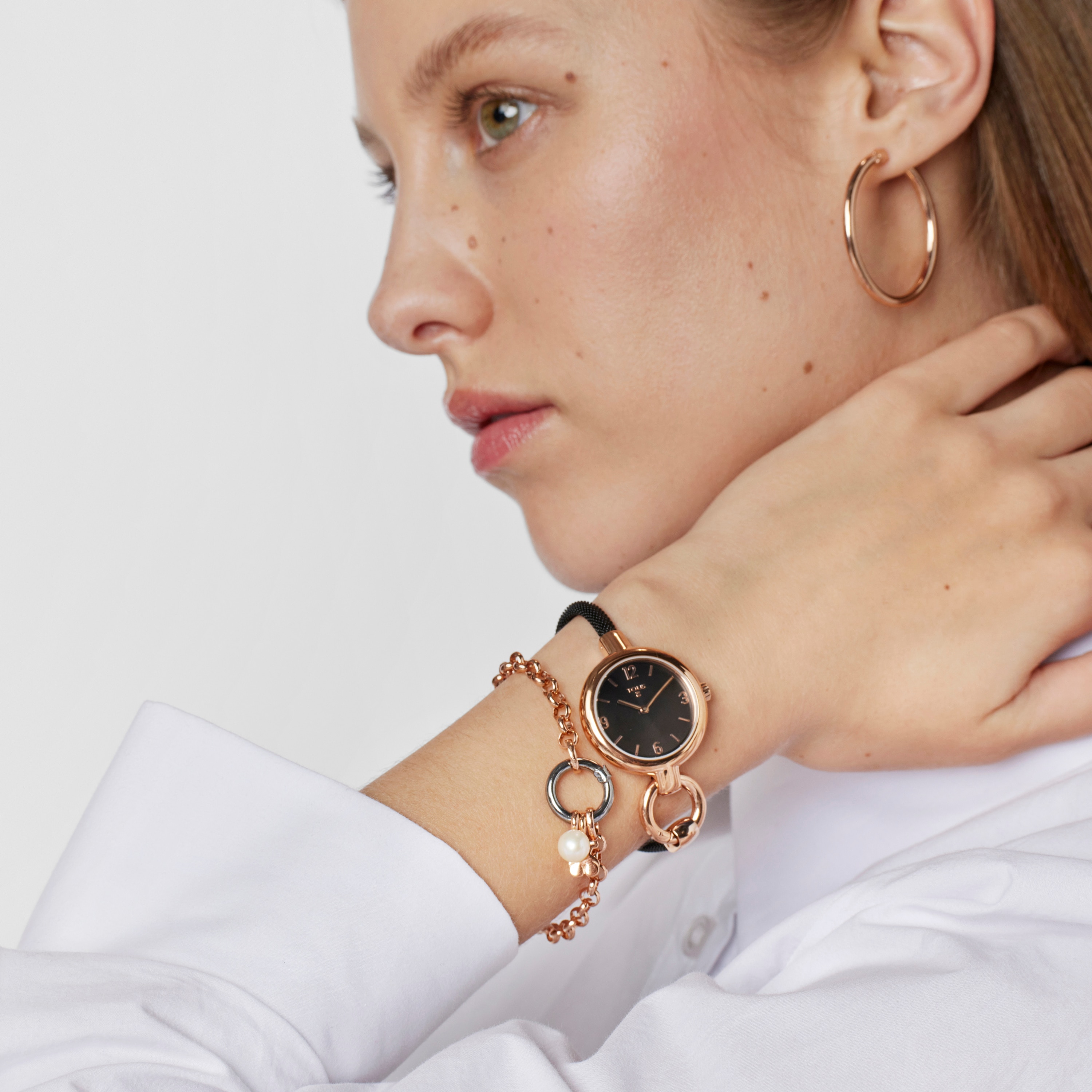 Rose IP Steel Hold Charms Watch with black IP steel strap