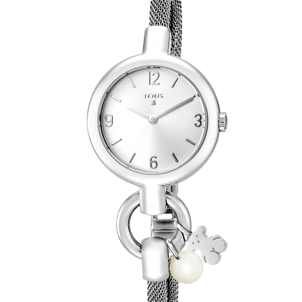 Tous Hold Charms &ndash; Hodinky z u&scaron;ľachtilej ocele s medved&iacute;kom a perlou