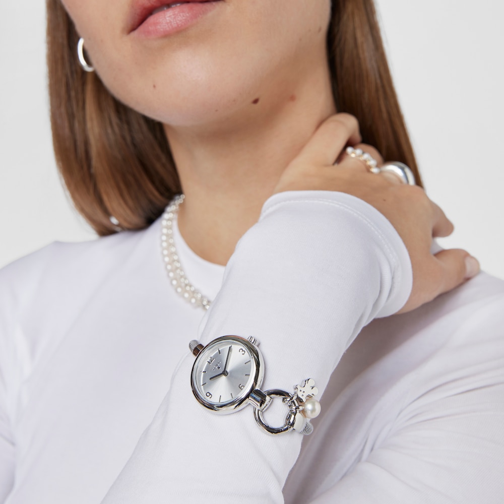 Tous Hold Charms &ndash; Hodinky z u&scaron;ľachtilej ocele s medved&iacute;kom a perlou