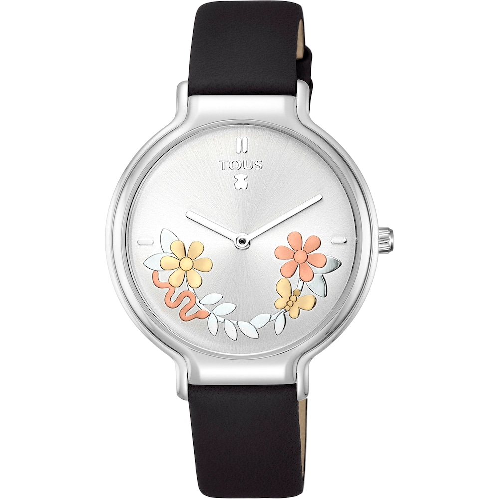 Steel Real Mix Watch with black Leather strap