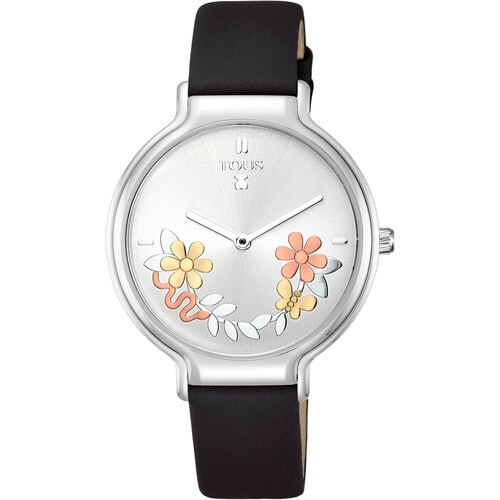 Steel Real Mix Watch with black Leather strap