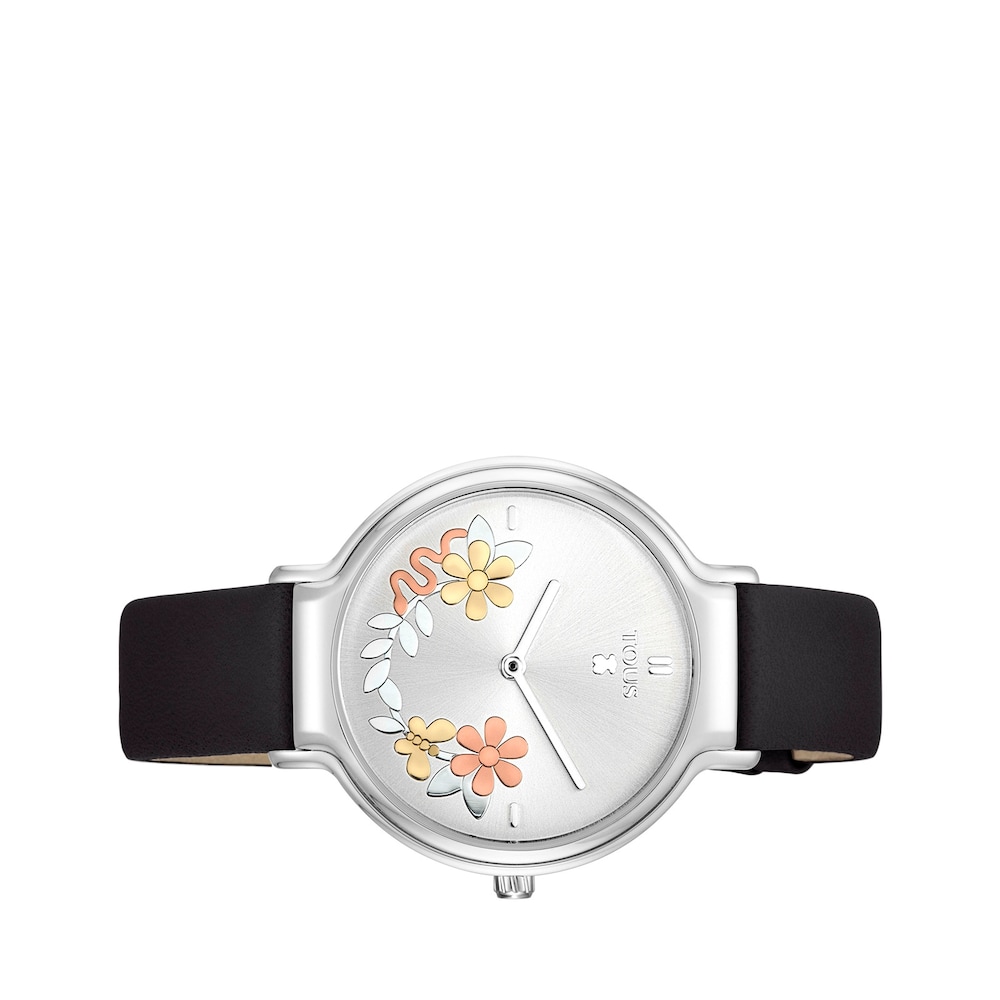 Steel Real Mix Watch with black Leather strap