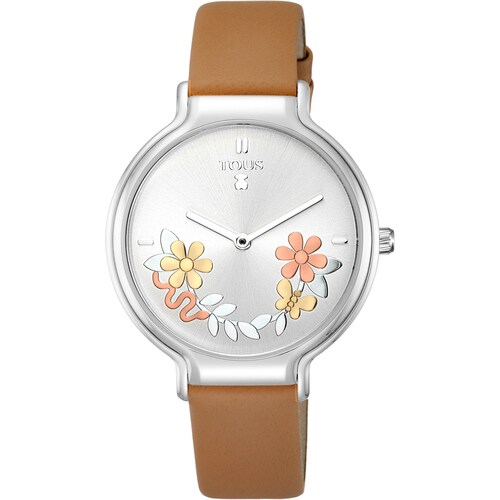 Steel Real Mix Watch with brown Leather strap image number 0