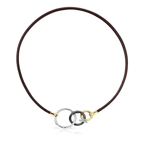 Collar Hold de ba&ntilde;o de oro 18 kt sobre plata y Cuero marr&oacute;n con anillas
