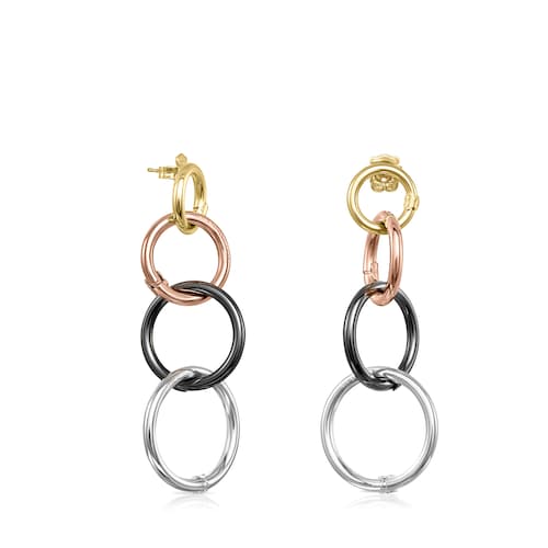 Aretes largos Hold de Plata, baño de oro 18 kt sobre plata, baño de oro rosa 18 kt sobre plata y Plata Dark Silver