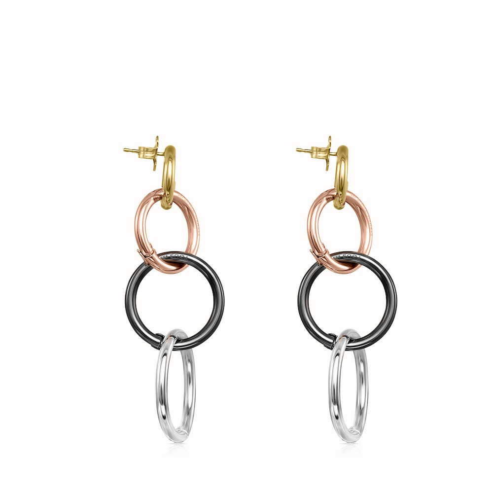 Aretes largos Hold de Plata, ba&ntilde;o de oro 18 kt sobre plata, ba&ntilde;o de oro rosa 18 kt sobre plata y Plata Dark Silver