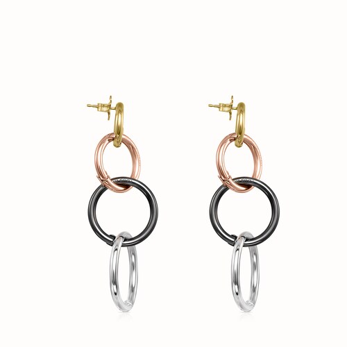 Aretes largos Hold de Plata, baño de oro 18 kt sobre plata, baño de oro rosa 18 kt sobre plata y Plata Dark Silver