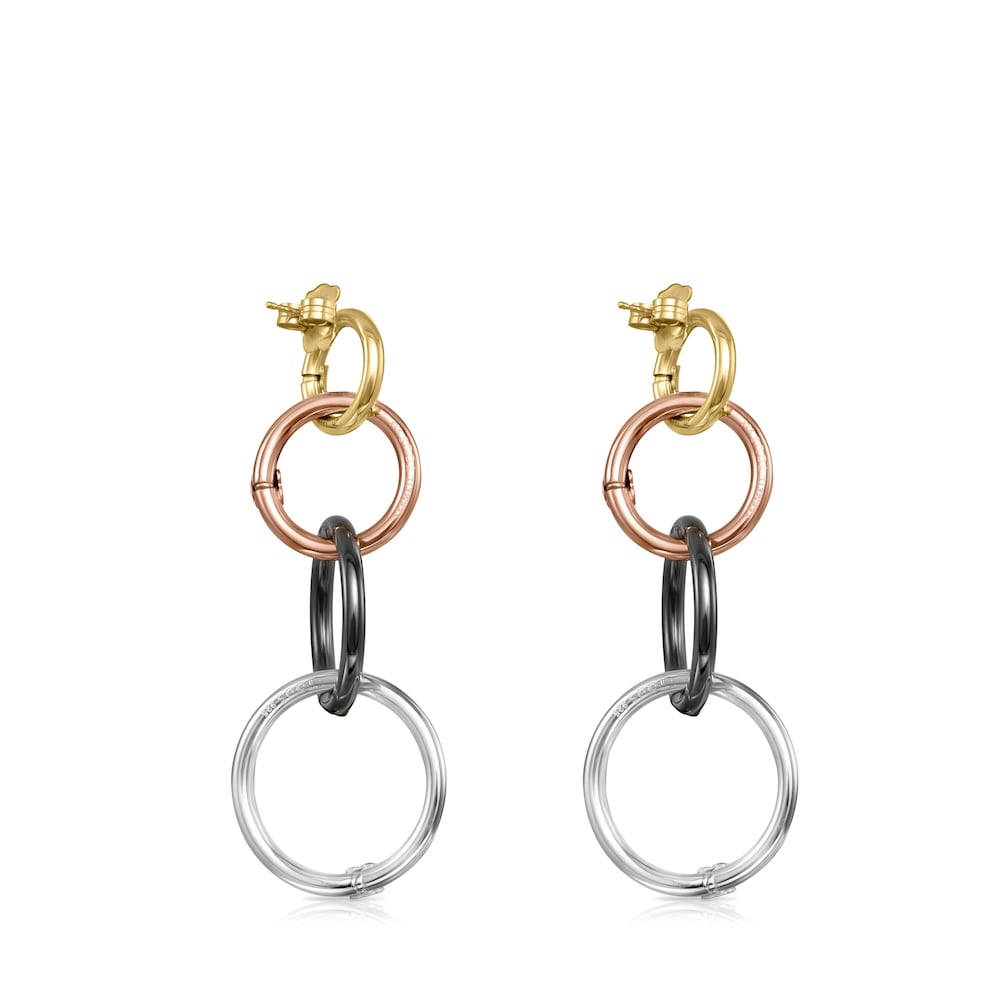 Aretes largos Hold de Plata, ba&ntilde;o de oro 18 kt sobre plata, ba&ntilde;o de oro rosa 18 kt sobre plata y Plata Dark Silver