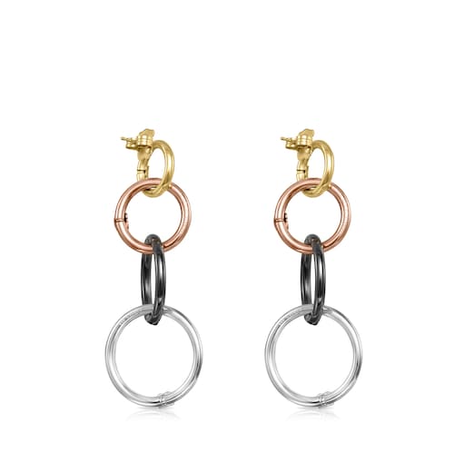 Aretes largos Hold de Plata, baño de oro 18 kt sobre plata, baño de oro rosa 18 kt sobre plata y Plata Dark Silver
