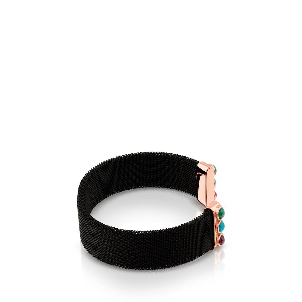 Pulsera de acero y plata ba&ntilde;o de oro rosa 18 kt sobre plata con malaquita, turquesa y rub&iacute; Super Power