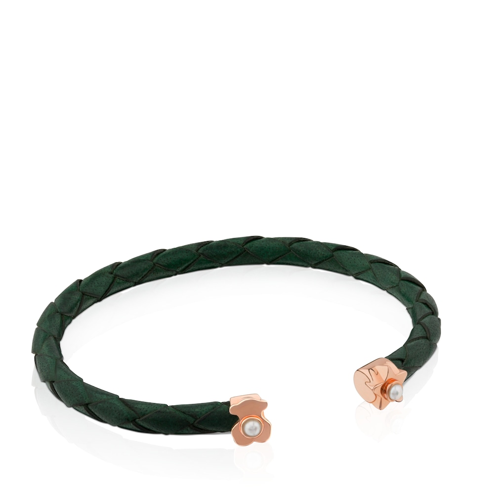 Pulsera Super Power de Piel de color verde con ba&ntilde;o de oro rosa 18 kt sobre plata y perla
