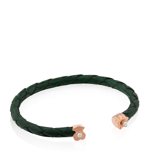 Pulsera Super Power de Piel de color verde con ba&ntilde;o de oro rosa 18 kt sobre plata y perla