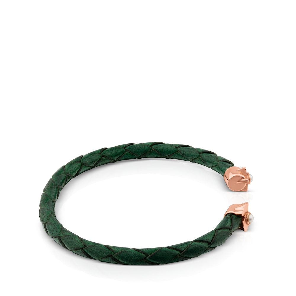 Pulsera Super Power de Piel de color verde con ba&ntilde;o de oro rosa 18 kt sobre plata y perla