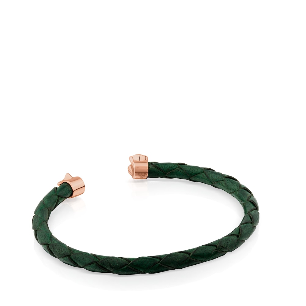 Pulsera Super Power de Piel de color verde con ba&ntilde;o de oro rosa 18 kt sobre plata y perla