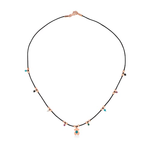 Collar Super Power con ba&ntilde;o de oro rosa 18 kt sobre plata y cuero con gemas image number 0