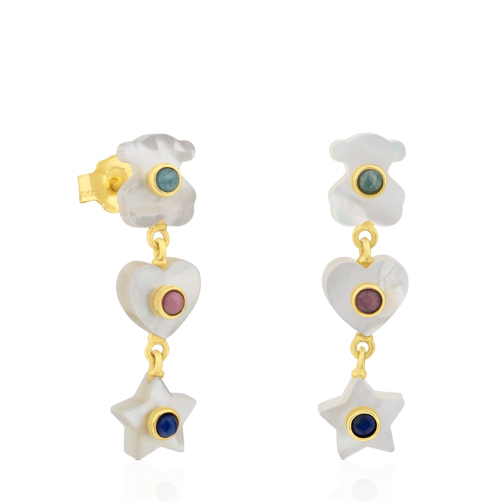 Gold Super Power Earrings with Mother-of-pearl, Amazonite, Rhodochrosite and Lapiz lazuli
