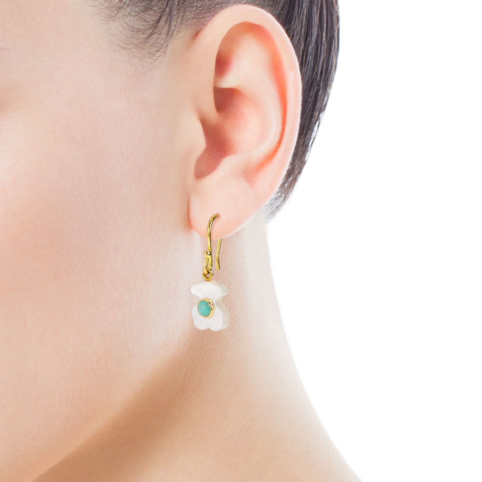 Pendientes cortos Super Power de Oro y Nácar con Amazonita