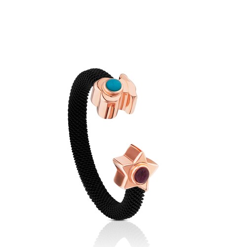 Anillo de acero con ba&ntilde;o de oro rosa 18 kt sobre plata y turquesa y rub&iacute; Super Power