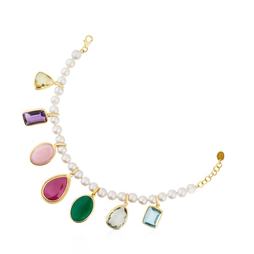 18K Solid Gold Gem Power Bracelet with Pearls and seven multicolor Gemstones. 7 17/25