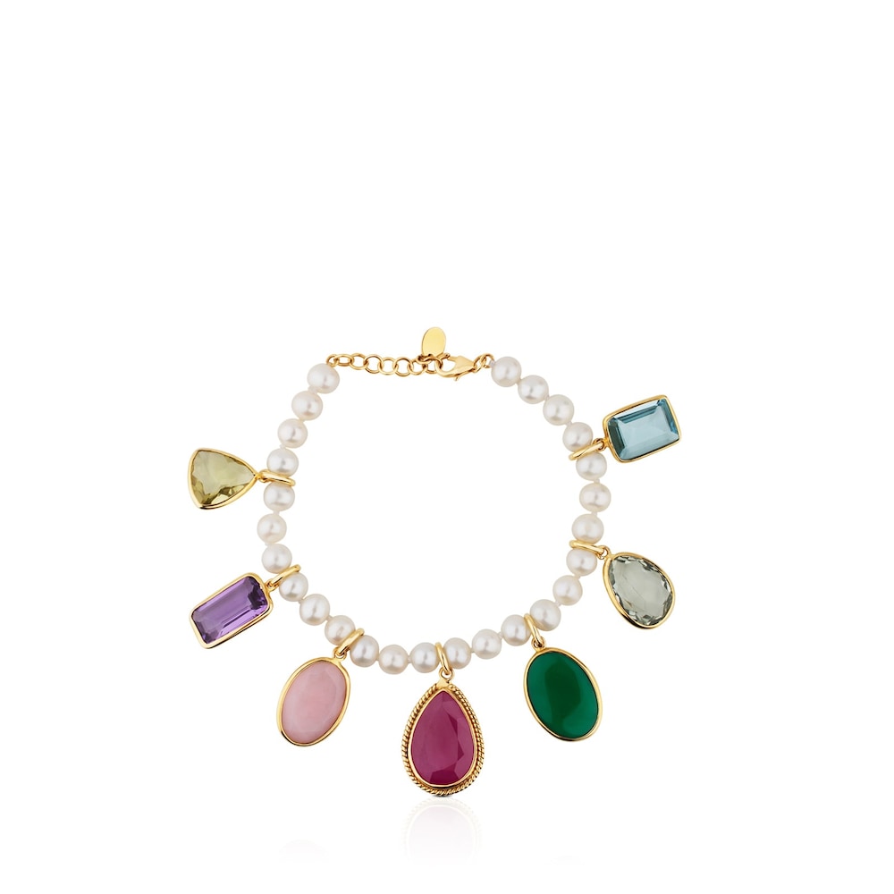 18K Solid Gold Gem Power Bracelet with Pearls and seven multicolor Gemstones. 7 17/25