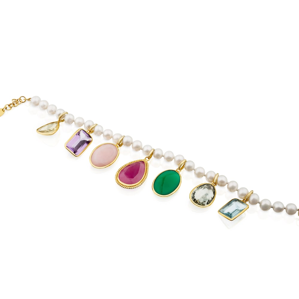 18K Solid Gold Gem Power Bracelet with Pearls and seven multicolor Gemstones. 7 17/25