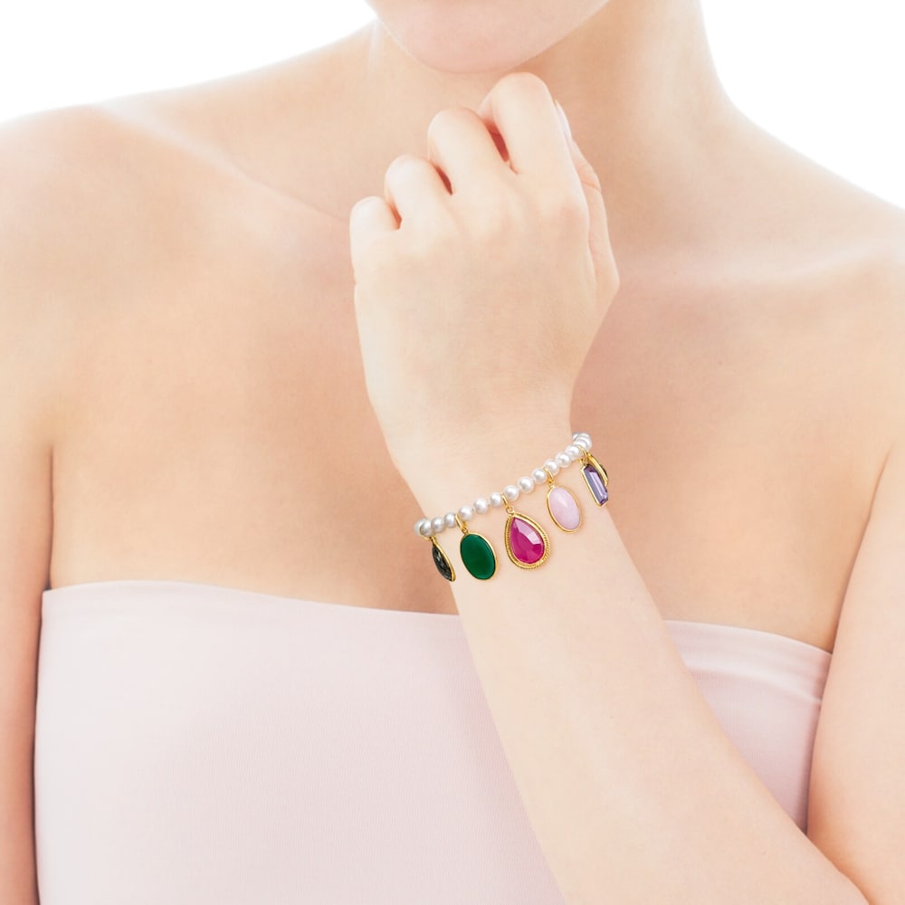 18K Solid Gold Gem Power Bracelet with Pearls and seven multicolor Gemstones. 7 17/25