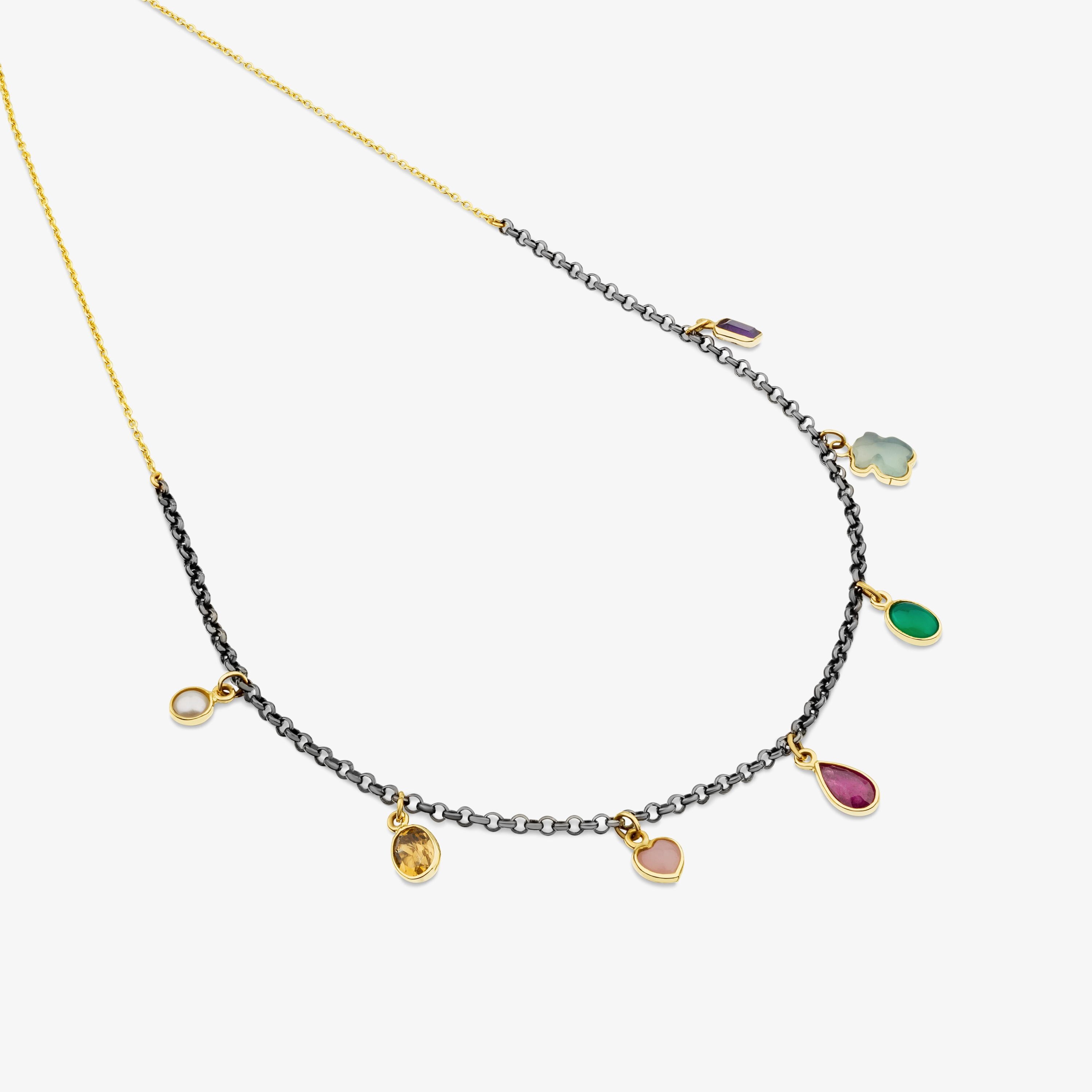 18K Solid Gold and Silver Gem Power Necklace with Gemstones