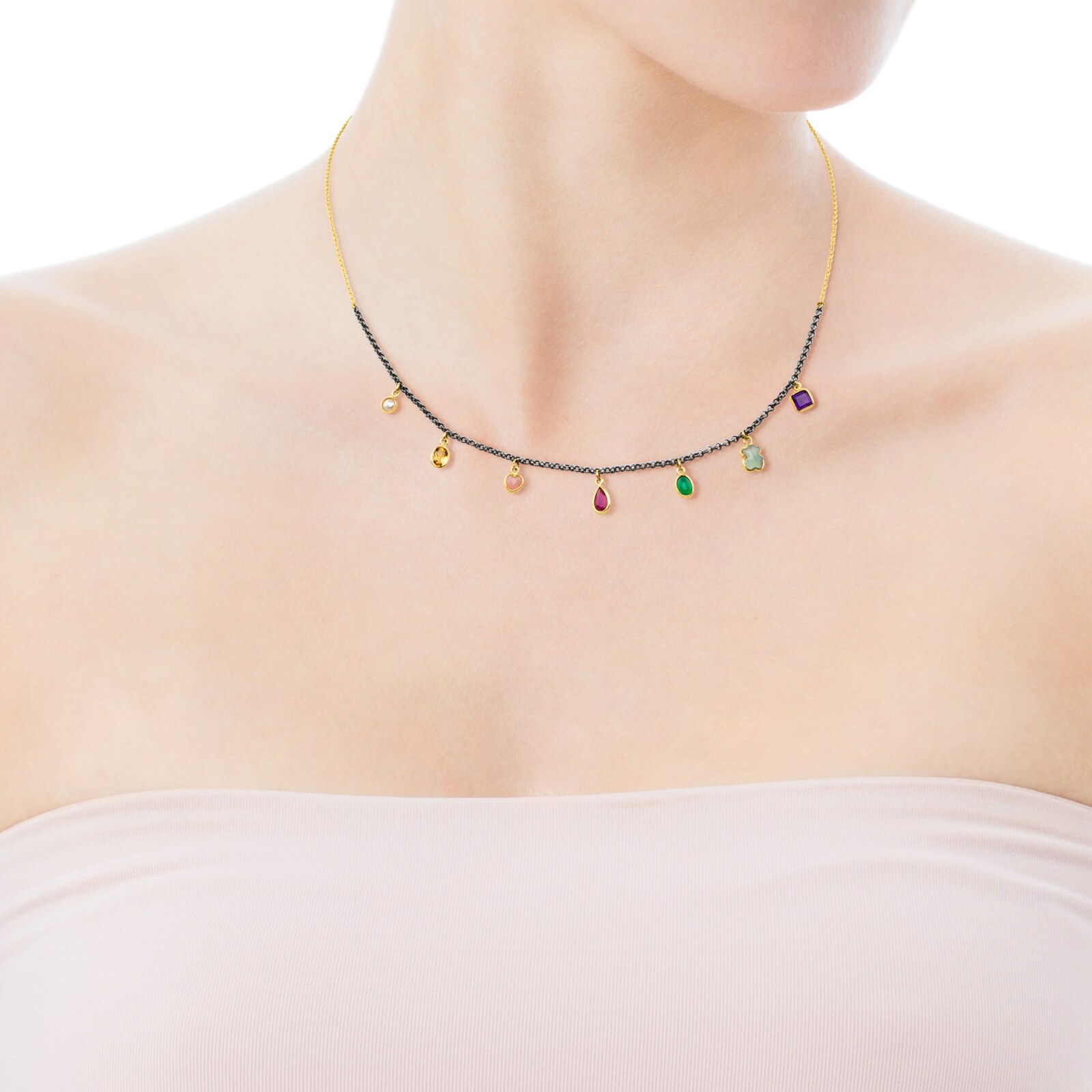 18K Solid Gold and Silver Gem Power Necklace with Gemstones