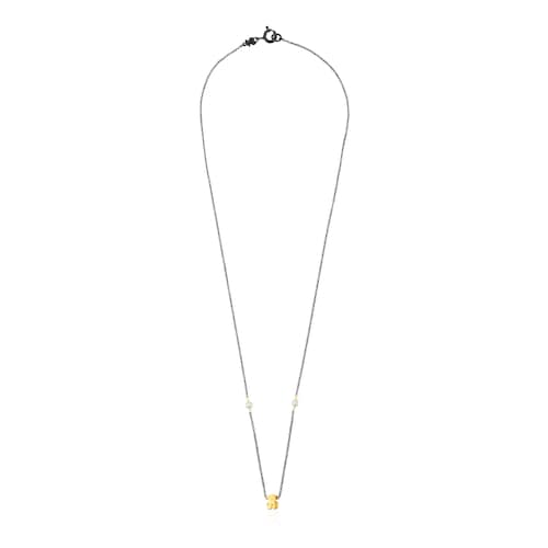 Collar Gem Power de plata pavonada y perlas y oso de oro