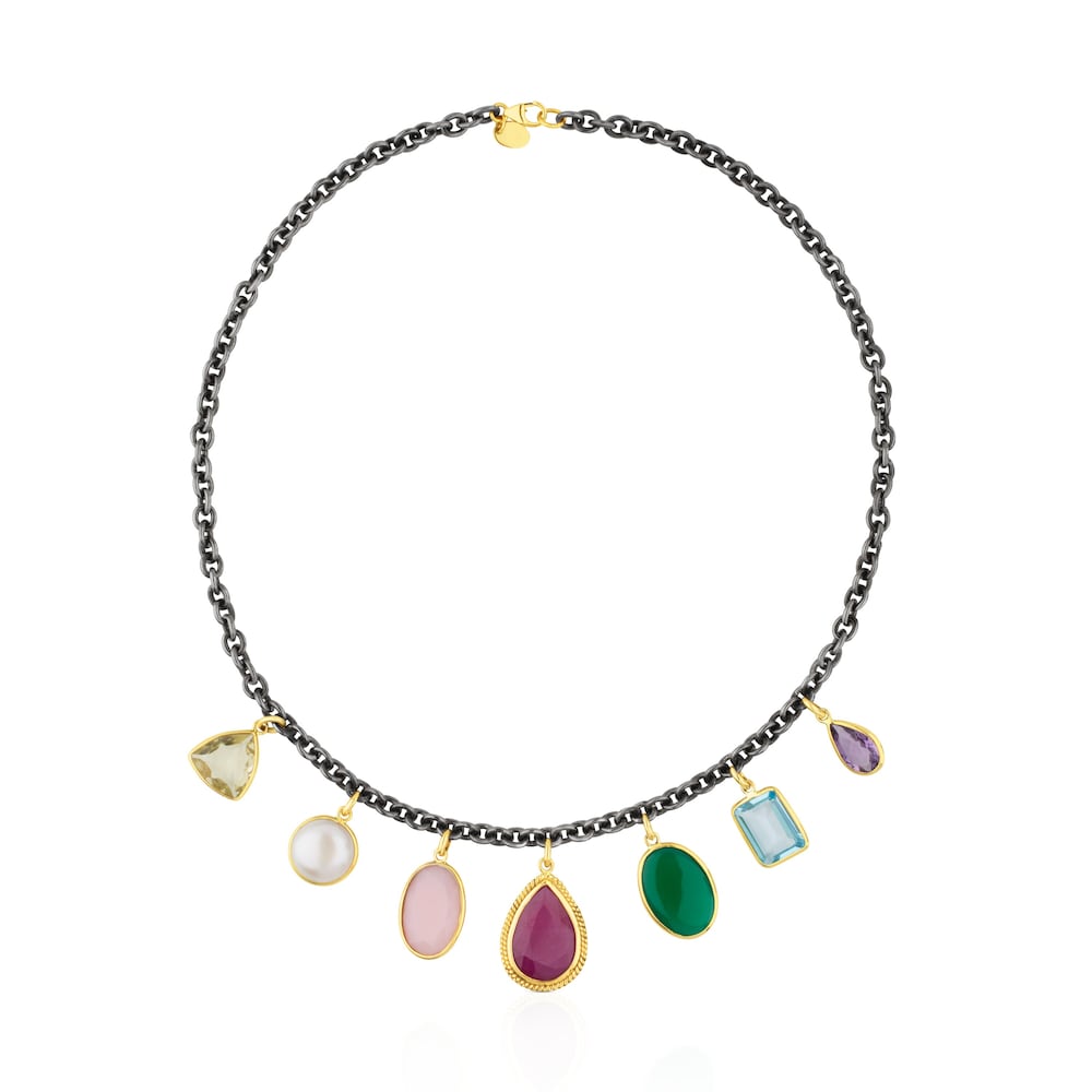 Silver and 18K Solid Gold Gem Power Necklace with Gemstones