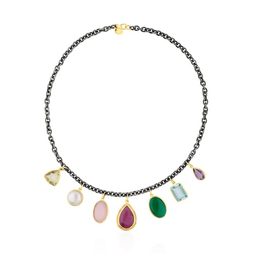 Silver and 18K Solid Gold Gem Power Necklace with Gemstones