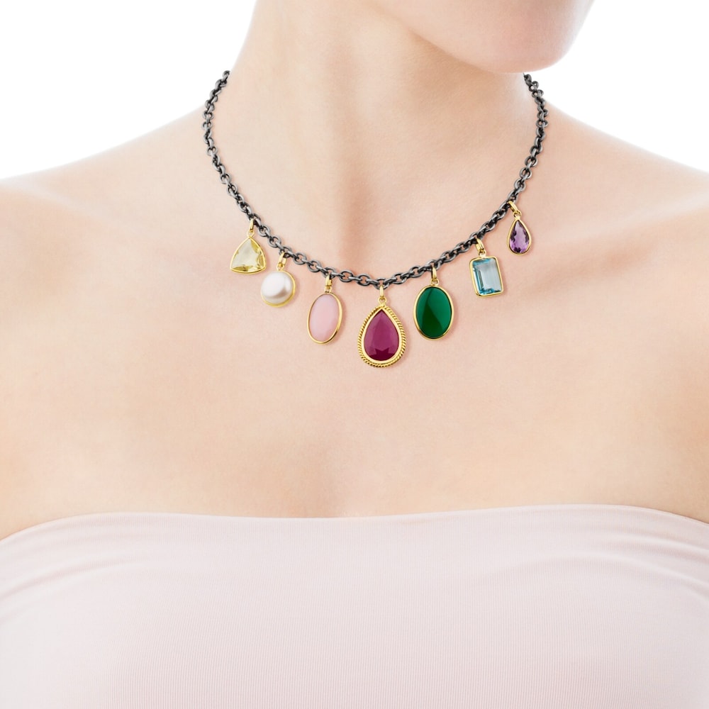 Silver and 18K Solid Gold Gem Power Necklace with Gemstones