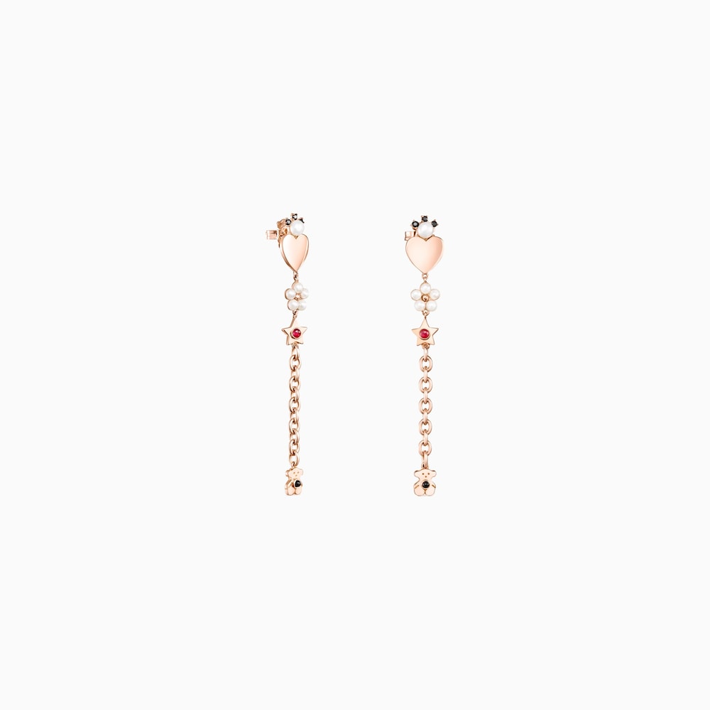 Pendientes largos con ba&ntilde;o de oro rosa 18 kt sobre plata y gemas Real Sisy