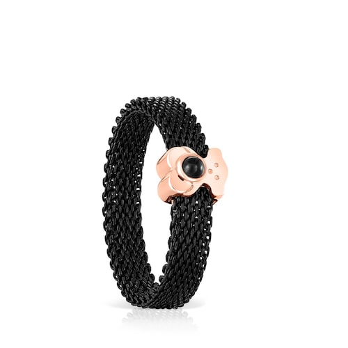 Anillo estrecho de acero IP negro y plata vermeil rosa con ónix motivo oso Real Sisy
