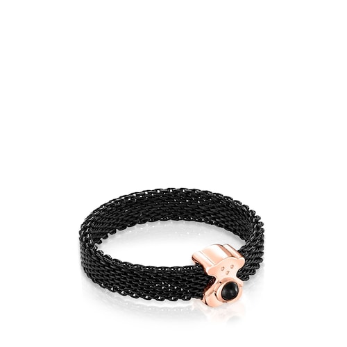 Anillo estrecho de acero IP negro y plata vermeil rosa con ónix motivo oso Real Sisy
