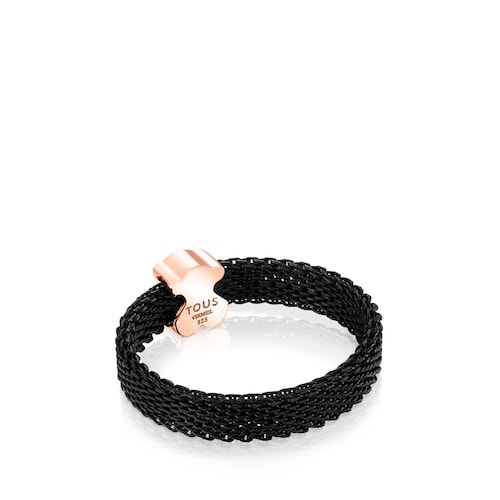 Anillo estrecho de acero IP negro y plata vermeil rosa con ónix motivo oso Real Sisy