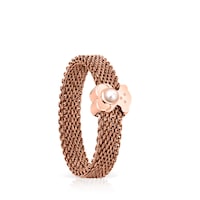 Fine rose IP Steel and Rose Silver Vermeil Real Sisy Ring with Pearl Bear motif