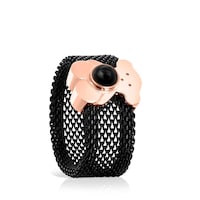 Wide black IP Steel and Rose Silver Vermeil Real Sisy Ring with Onyx