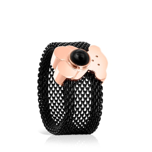 Wide black IP Steel and Rose Silver Vermeil Real Sisy Ring with Onyx