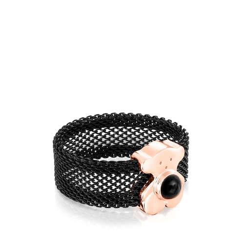 Wide black IP Steel and Rose Silver Vermeil Real Sisy Ring with Onyx