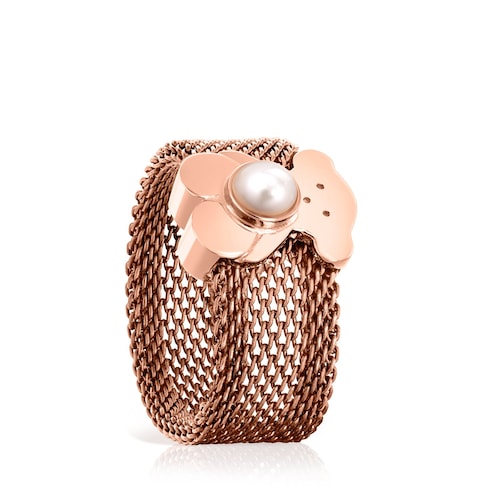 Wide rose IP Steel and Rose Silver Vermeil Real Sisy Ring with Pearl