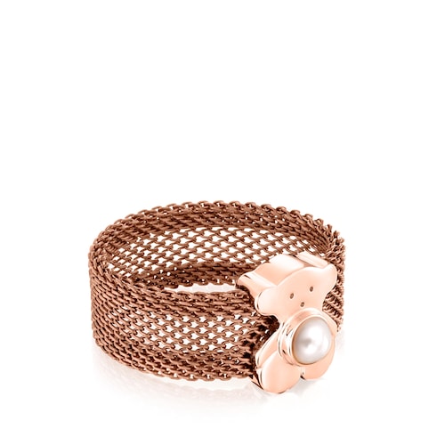 Wide rose IP Steel and Rose Silver Vermeil Real Sisy Ring with Pearl