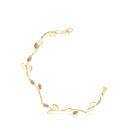 Pulsera con ba&ntilde;o de oro 18 kt sobre plata y gemas Real motivo hojas Mix Leaf image number 0