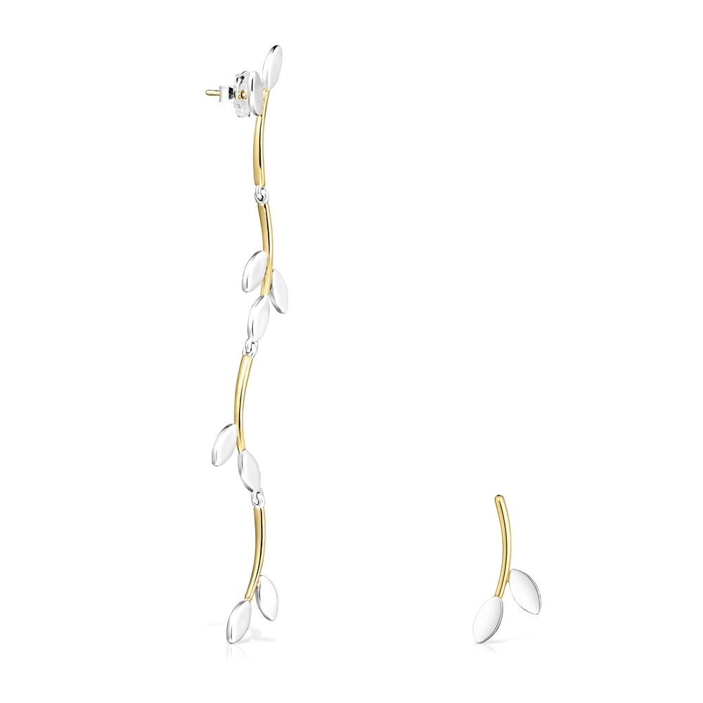 Pendientes con ba&ntilde;o de oro 18 kt sobre plata y plata largo y corto Real Mix Leaf
