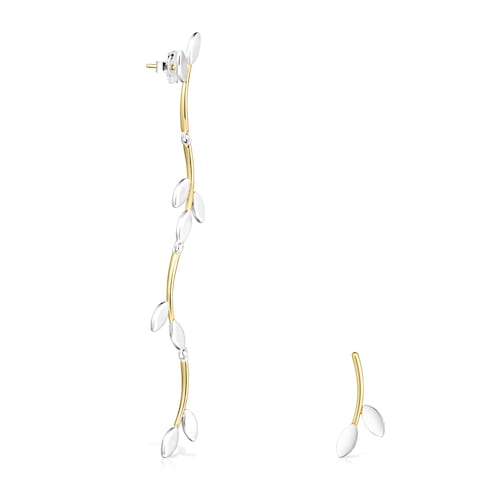 Pendientes con ba&ntilde;o de oro 18 kt sobre plata y plata largo y corto Real Mix Leaf