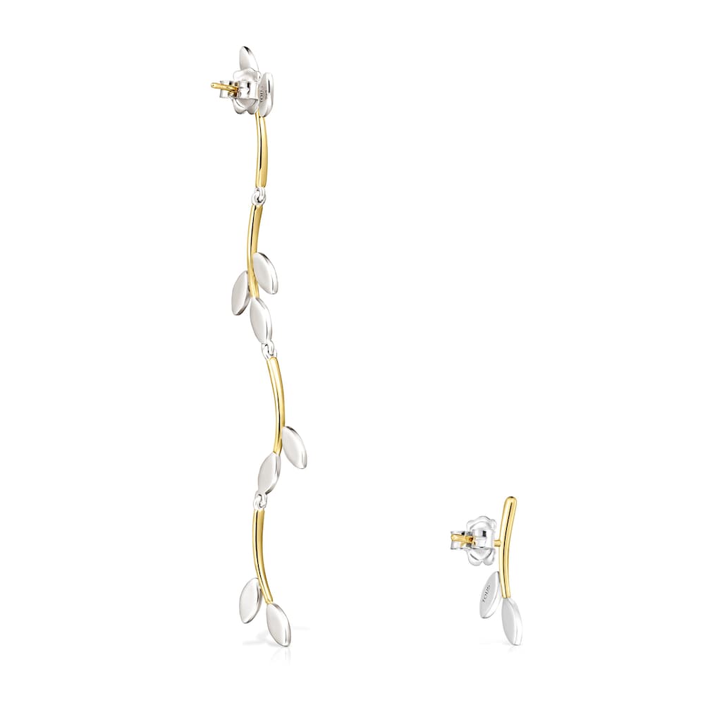 Pendientes con ba&ntilde;o de oro 18 kt sobre plata y plata largo y corto Real Mix Leaf